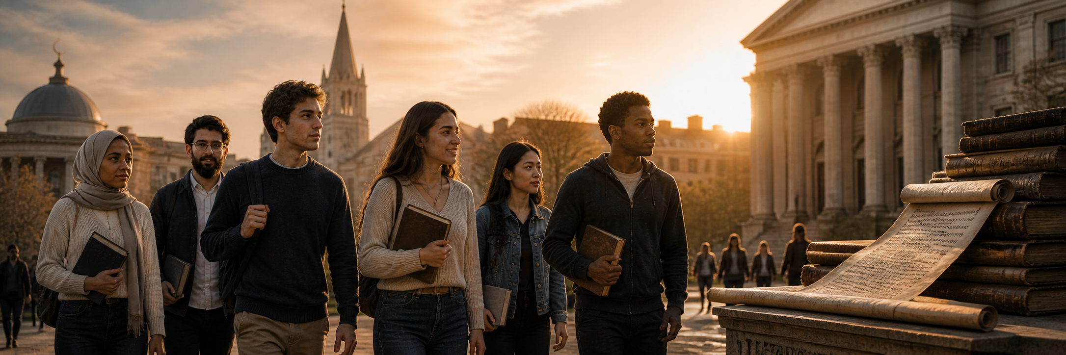 Diverse students walking across a campus near civic architecture and historical documents