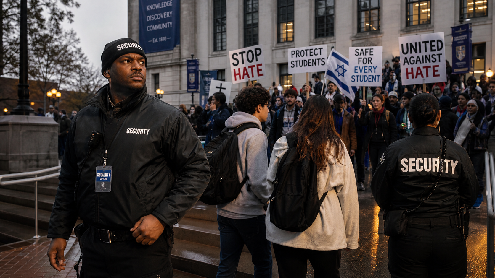 Security professionals monitoring a campus anti-hate event while students assemble peacefully