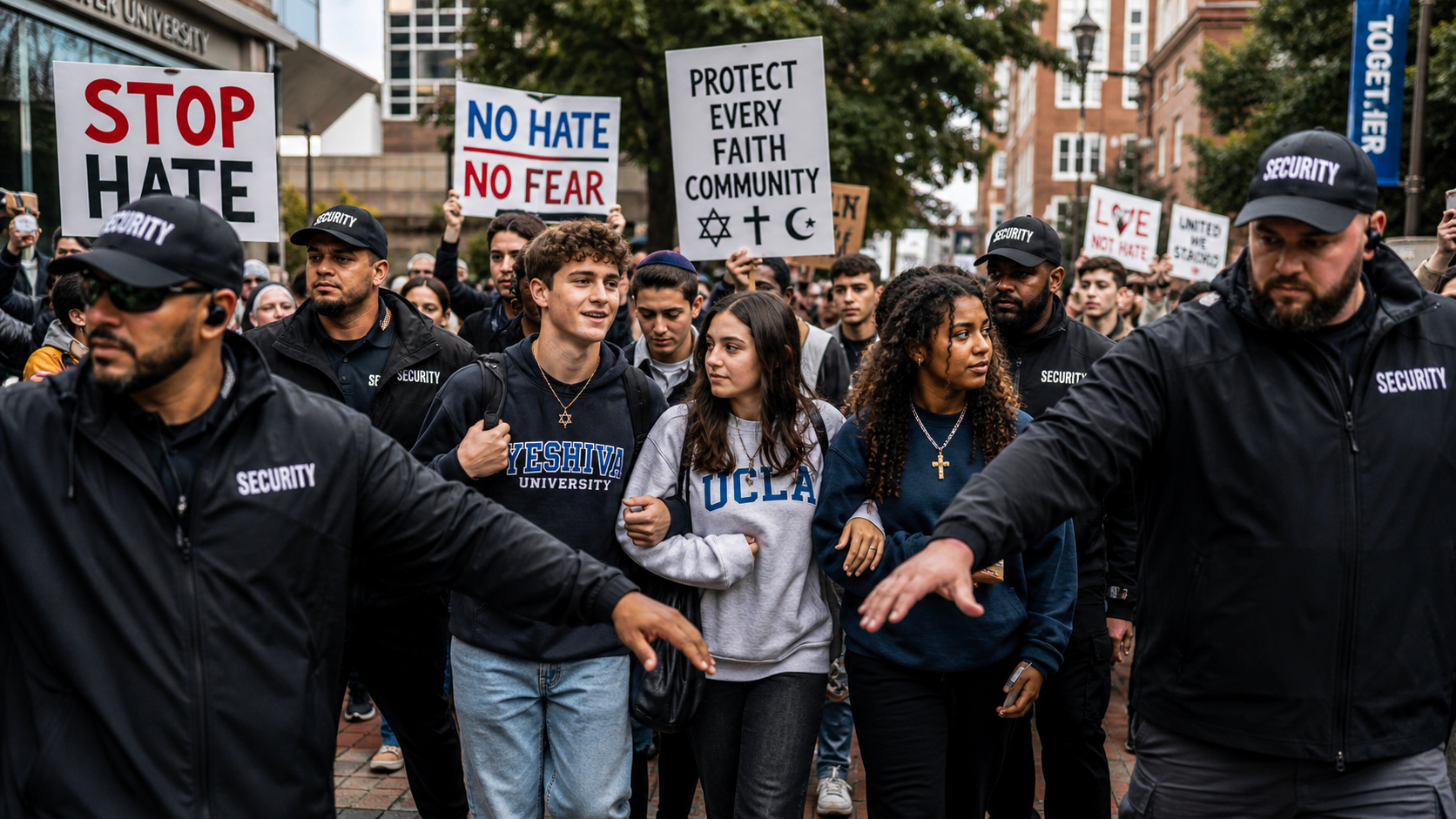 Security professionals protecting students and faith communities at a public anti-hate gathering